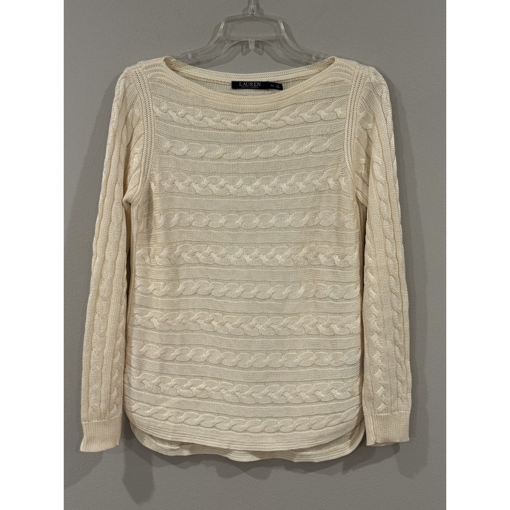 Lauren Ralph Lauren Womens Cream Color Crew Knit Cotton Blend Sweater Sz XS